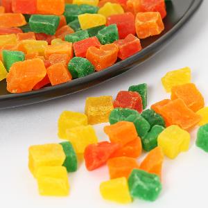 Diced papaya, diced fruit, mixed color diced fruit, fruit snacks, healthy snacks, food production,